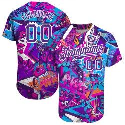 Maillot de baseball 3D personnalisé avec inscriptions blanches et violettes, motif graffiti authentique