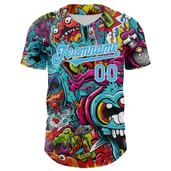 Maglia da baseball blu personalizzata con motivo psichedelico 3D autentico rave bianco design cielo