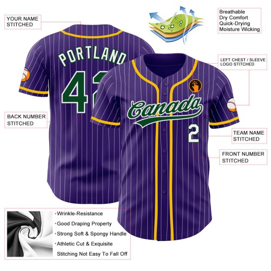 Maillot de baseball authentique à rayures fines, blanc, violet, vert, personnalisé