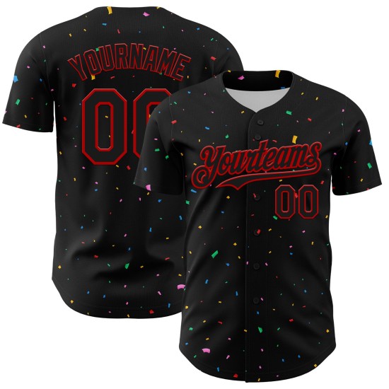 Maglia da baseball personalizzata con motivo a coriandoli 3D autentico rosso nero