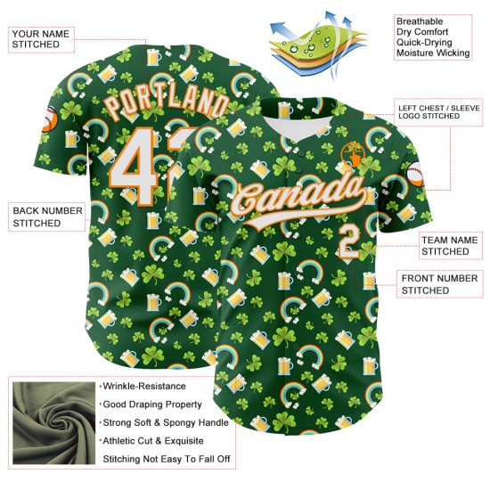 Maglia da baseball autentica 3D Green Shamrock St. Patrick's White-Bay personalizzata Orange Beer Maglia da baseball autentica 3D Green Shamrock St. Patrick's White-Bay personalizzata Orange Beer