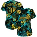 Maillot de baseball personnalisé motif feuilles de palmier noir tropical noir-or 3D authentique Maillot de baseball personnalisé motif feuilles de palmier noir tropical noir-or 3D authentique