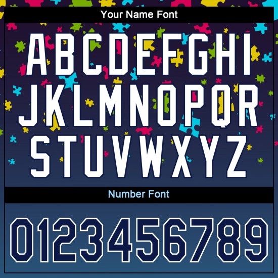 Maillot de baseball personnalisé avec puzzle autisme, pièces bleu marine et blanches 3D, authentique, sensibilisation