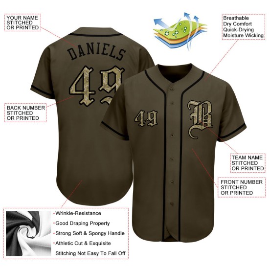 Service Olive personnalisé pour maillot de baseball authentique Salute Camo-Black