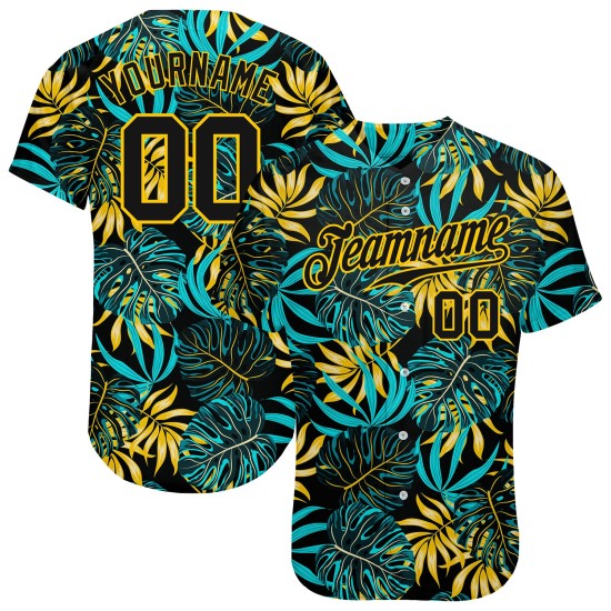 Maillot de baseball personnalisé motif feuilles de palmier noir tropical noir-or 3D authentique Maillot de baseball personnalisé motif feuilles de palmier noir tropical noir-or 3D authentique
