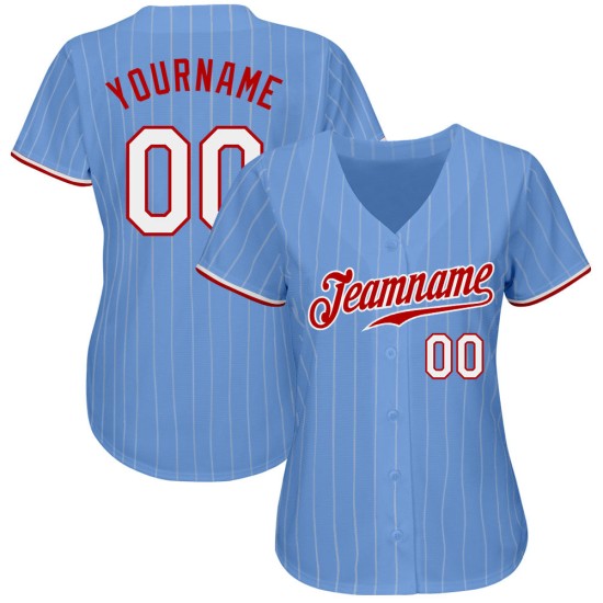 Maglia da baseball azzurra autentica personalizzata a righe bianche e rosse Maglia da baseball azzurra autentica personalizzata a righe bianche e rosse
