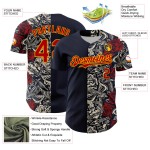 Maglia da baseball vintage autentica e personalizzata, con tatuaggi 3D rosso-oro blu navy Maglia da baseball vintage autentica e personalizzata, con tatuaggi 3D rosso-oro blu navy
