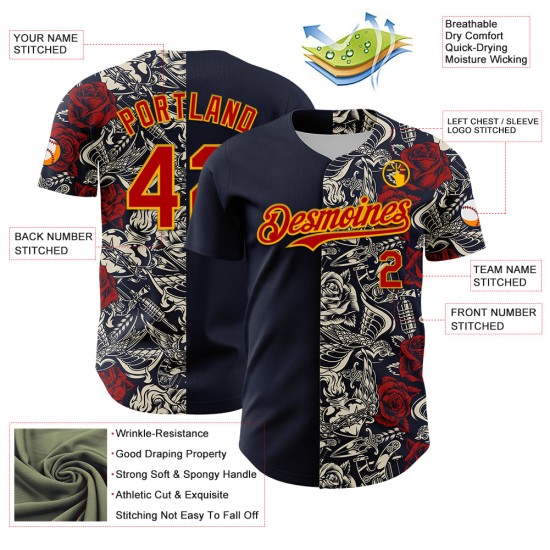 Maglia da baseball vintage autentica e personalizzata, con tatuaggi 3D rosso-oro blu navy Maglia da baseball vintage autentica e personalizzata, con tatuaggi 3D rosso-oro blu navy